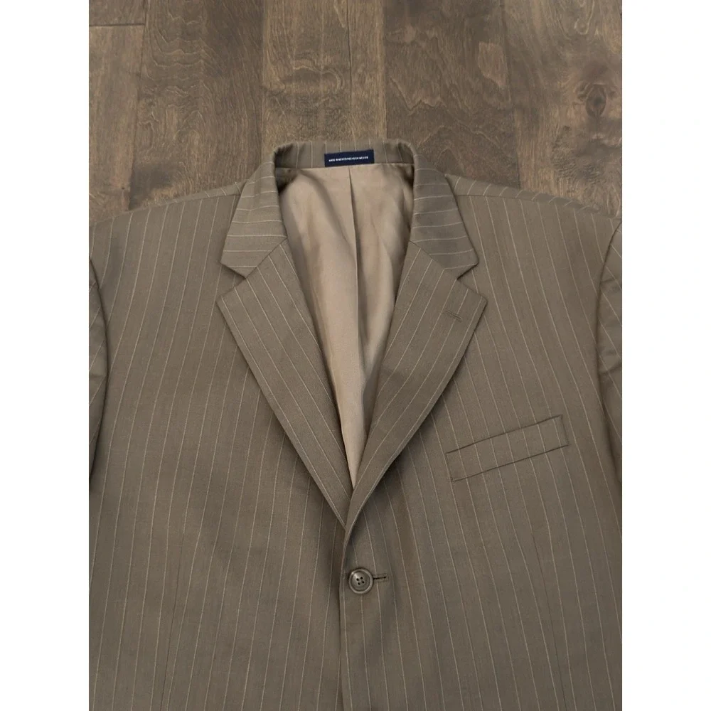 Stafford‎ Mens Brown Pinstripe Suit Jacket Blazer Size 46S Two Button 100% Wool